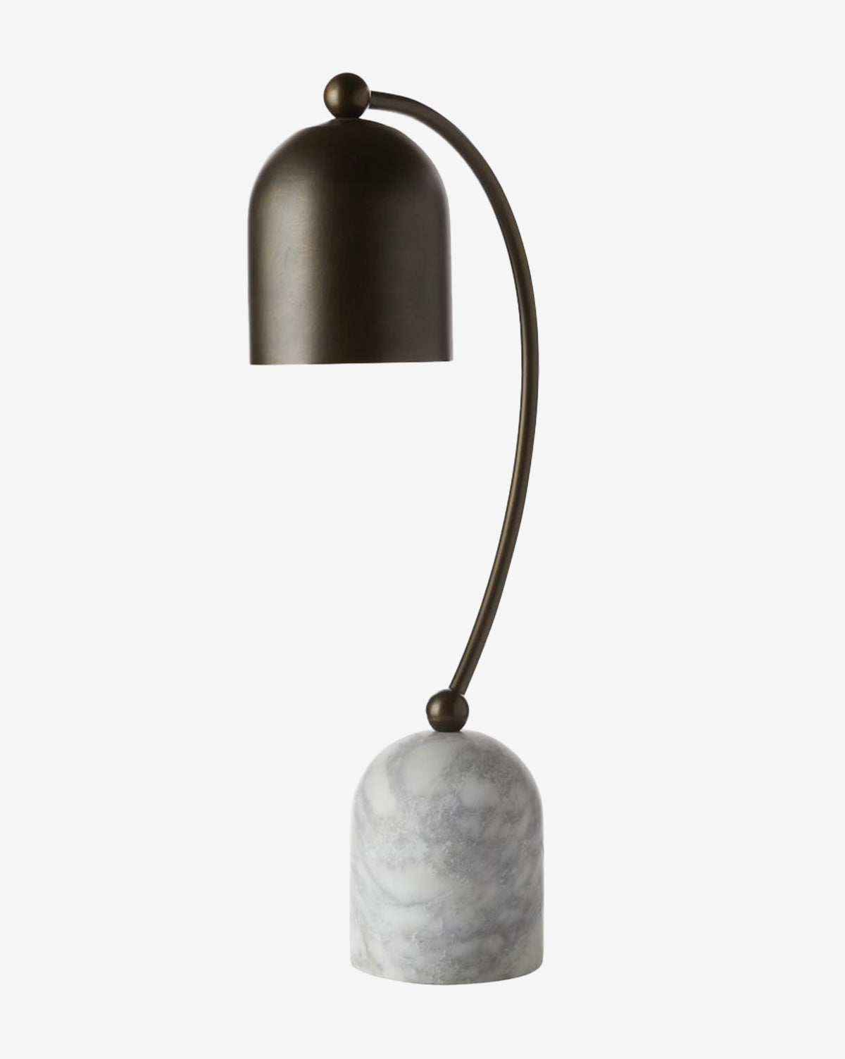 The Arteriors Daley Desk Lamp has a curved bronze arm, a bronze-finished shade, and a rounded gray marble base, shown on a plain white background, McGee & Co.