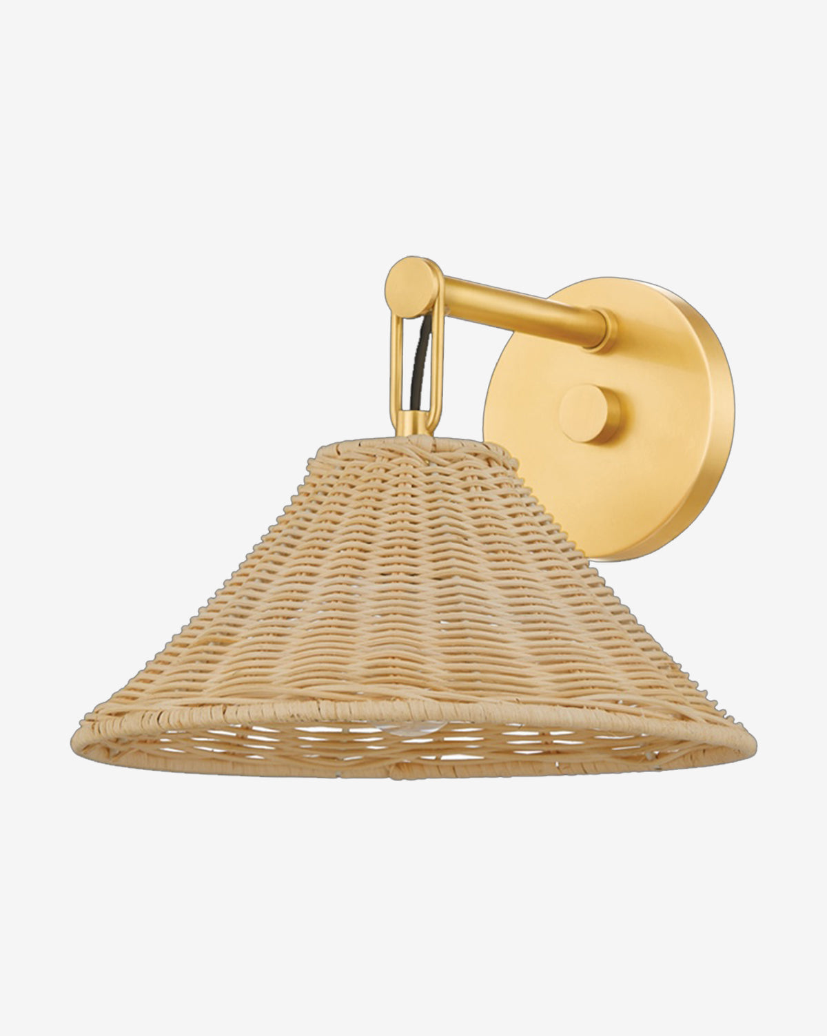 The Dalia Sconce by Hudson Valley Lighting features a modern round gold base and angled arm, accented with a conical woven rattan shade for natural elegance. McGee & Co.