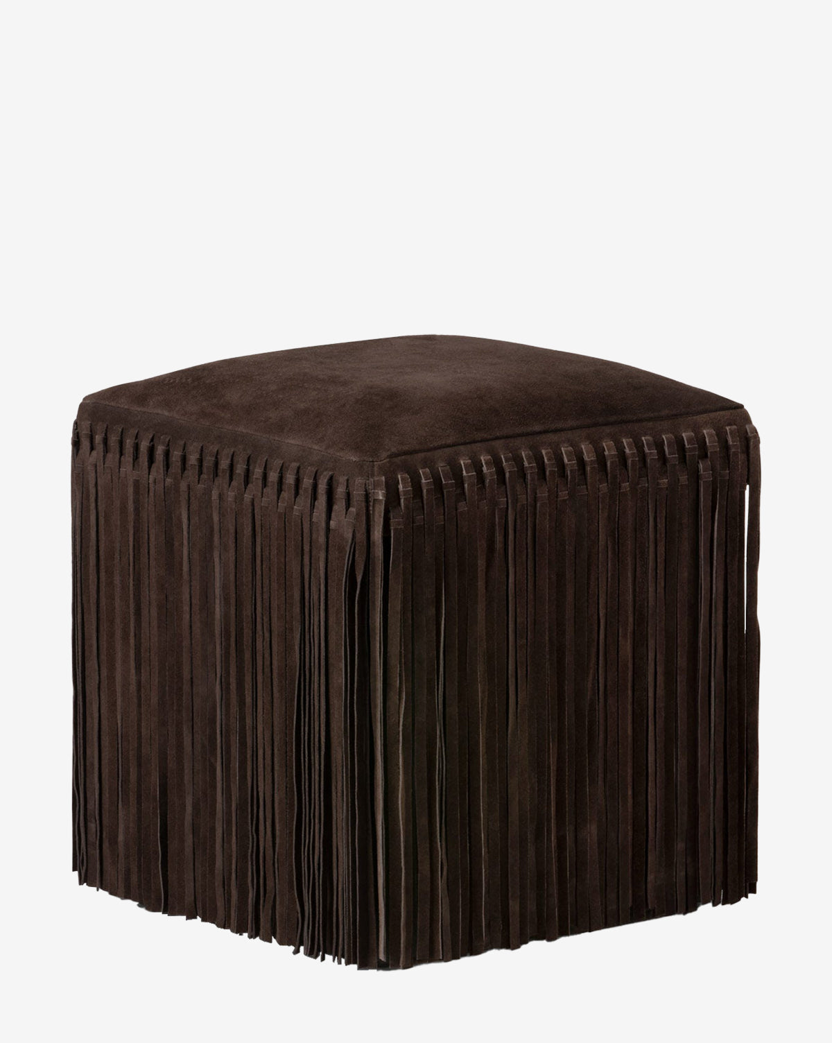 The Damian Ottoman by Made Goods is a brown, square suede ottoman in a rich camel hue with long fringe on all sides, shown against a plain white background. McGee & Co.