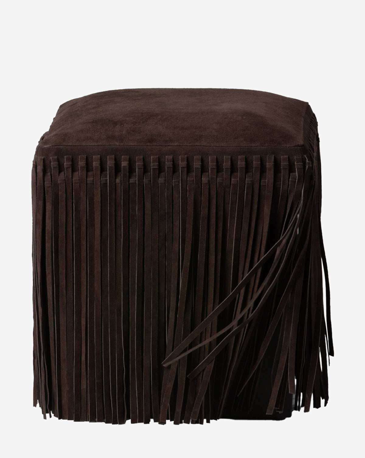 The Made Goods Damian Ottoman features a dark brown suede design with long vertical fringe on all sides, displayed against a plain white background. McGee & Co.