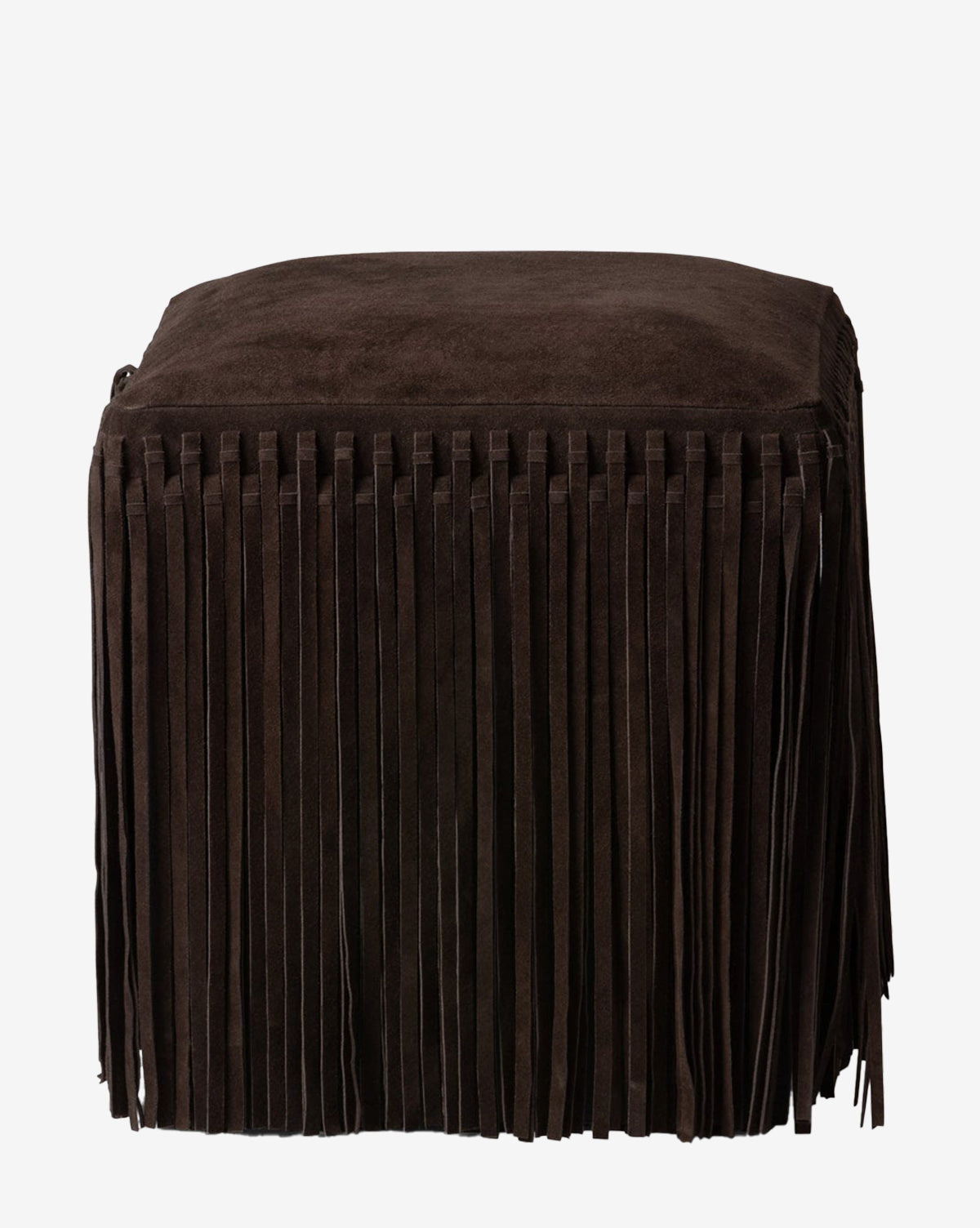 The Made Goods Damian Ottoman is a square dark brown suede ottoman with long fringe and rich camel hues, displayed on a white background. McGee & Co.