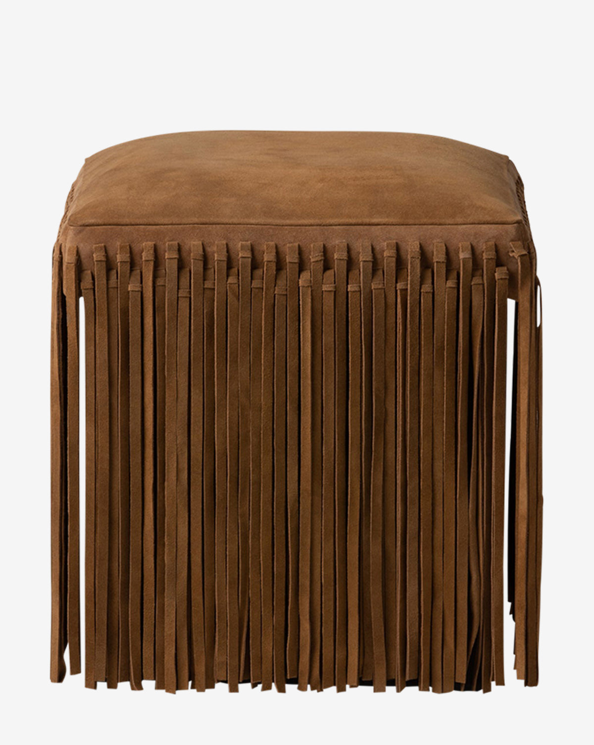 The Damian Ottoman by Made Goods is a square camel brown suede piece with long vertical fringe on the sides, shown against a plain white background, McGee & Co.
