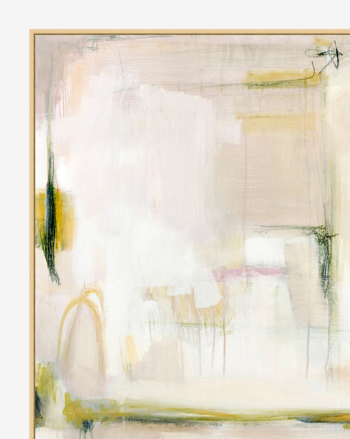 Dancing Sunflower Field is an abstract canvas painting in soft white, beige, and pale pink, highlighted with yellow-green and black lines for a dreamy, mid-century modern look.