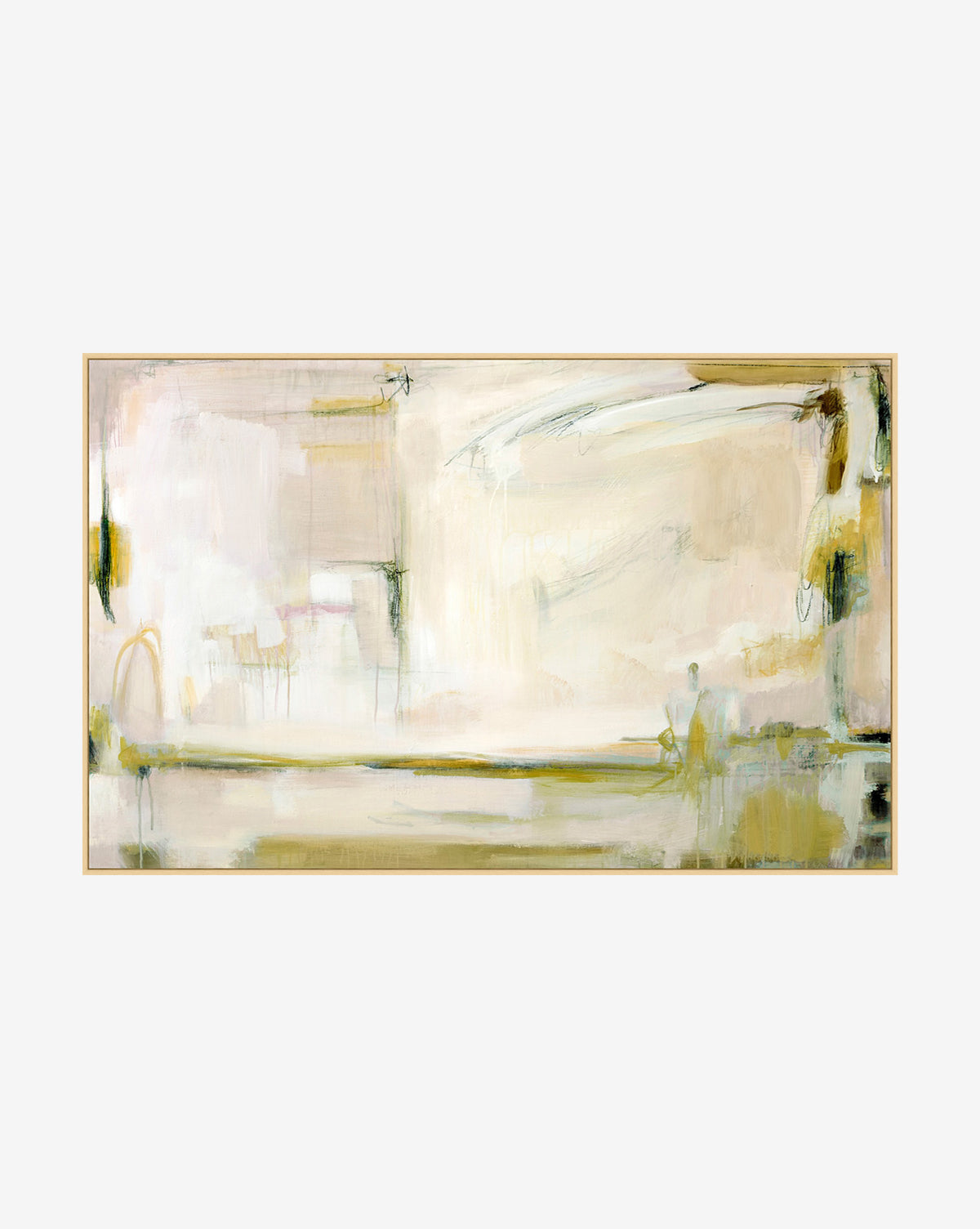 Dancing Sunflower Field is an abstract canvas painting with soft, blended shades of white, cream, beige, and touches of green and yellow. Sweeping brushstrokes and layered textures make it ideal for mid-century modern spaces.