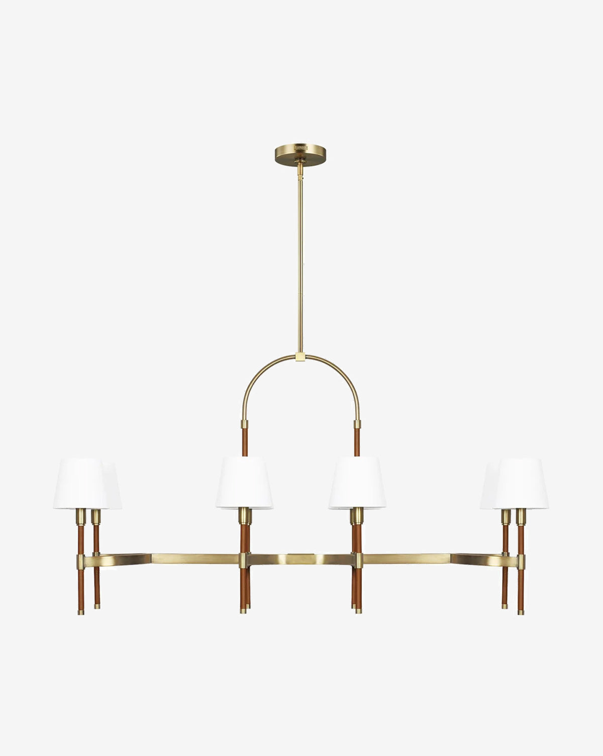 The Danica Linear Chandelier by Visual Comfort Studio - Generation Lighting features a rectangular brass frame, four white lampshades, and wooden accents—an elegant dining table lighting solution suspended from a central rod by McGee & Co.