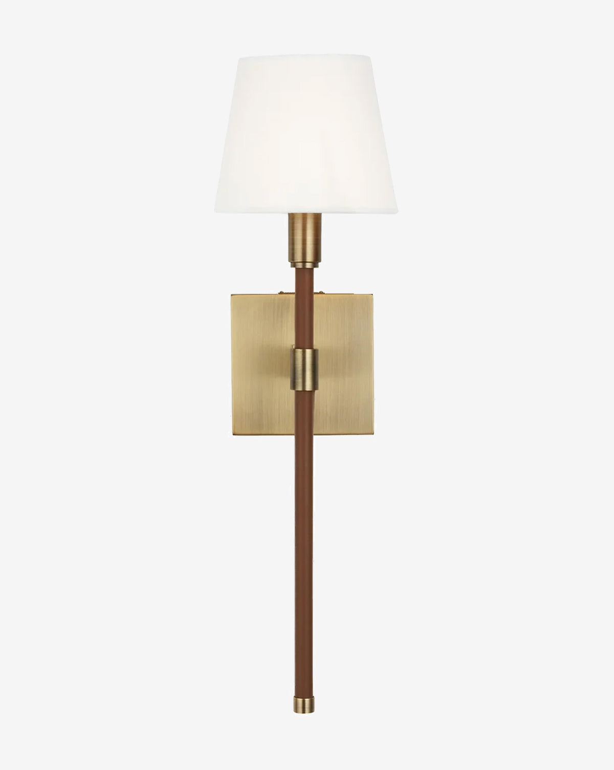 The Danica Single Wall Sconce by Visual Comfort Studio – Generation Lighting features a white lampshade, slim brown stem, and square brass backplate, seamlessly blending modern and classic style by McGee & Co.