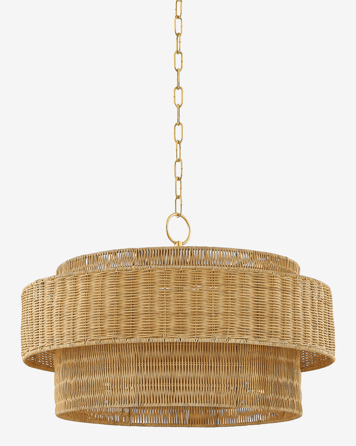 The Danica Wicker Pendant features a circular, woven rattan shade and gold chain suspension, showcasing organic design against a plain white background, by McGee & Co.