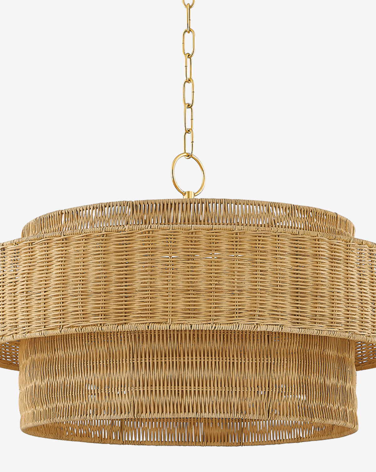 The Danica Wicker Pendant features a round, layered organic design with a woven rattan shade, suspended from a gold chain and shown against a white background, by McGee & Co.