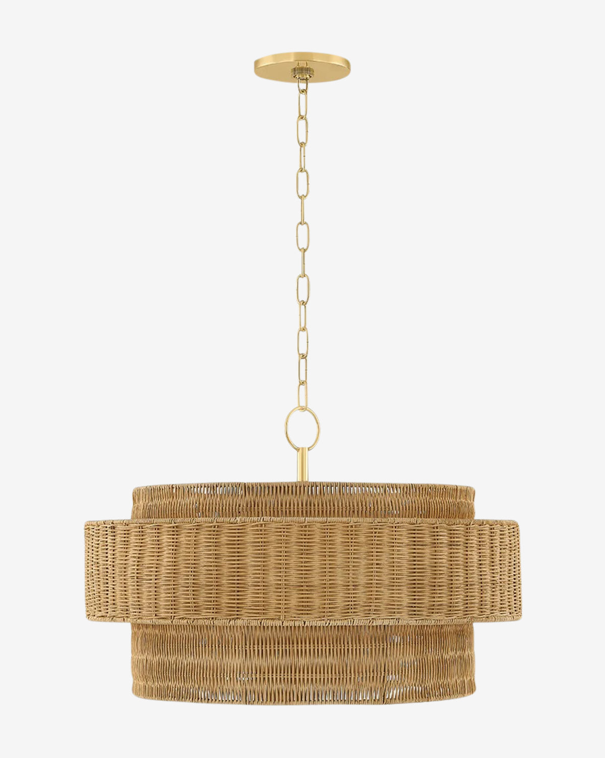 The Danica Wicker Pendant features a woven rattan double-layered circular shade, suspended from the ceiling by a gold chain and mount, highlighting its organic design against a plain white background by McGee & Co.