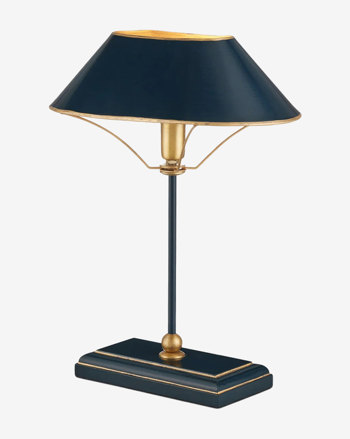 The Daphne Navy Table Lamp features a geometric navy blue and gold design with a rectangular base, slim stem, and wide angled lampshade accented with gold trim, by McGee & Co.
