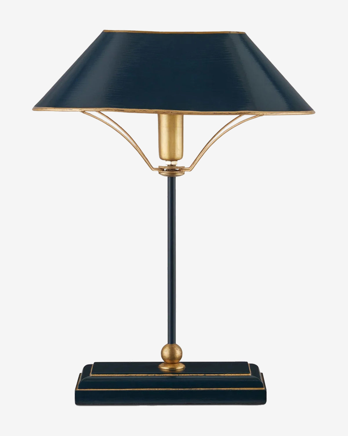 The Currey & Co. Daphne Navy Table Lamp features a geometric design with a wide, angled shade, slender stem, and rectangular base accented in gold by McGee & Co.