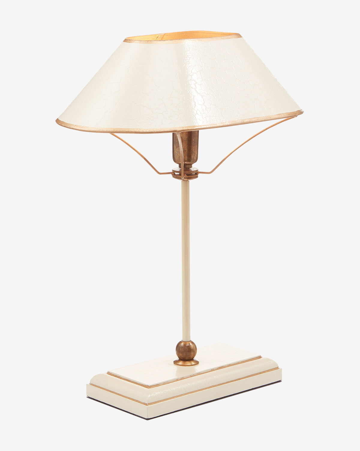The Daphne Table Lamp features a cream shade, slim stand, and rectangular base with gold accents, creating a minimalist yet elegant design that elevates any space, by McGee & Co.