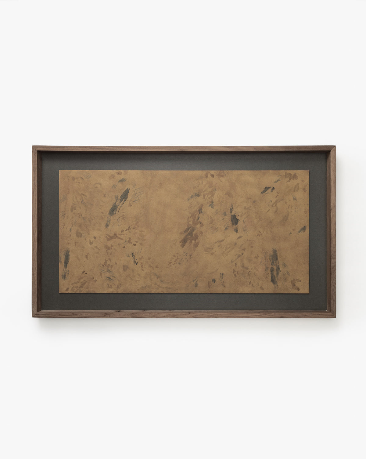 Dappled: Rectangular abstract art with a brown marbled pattern and black streaks, set in a rustic walnut frame with a wide black matte border, displayed on a plain white background, by McGee & Co.
