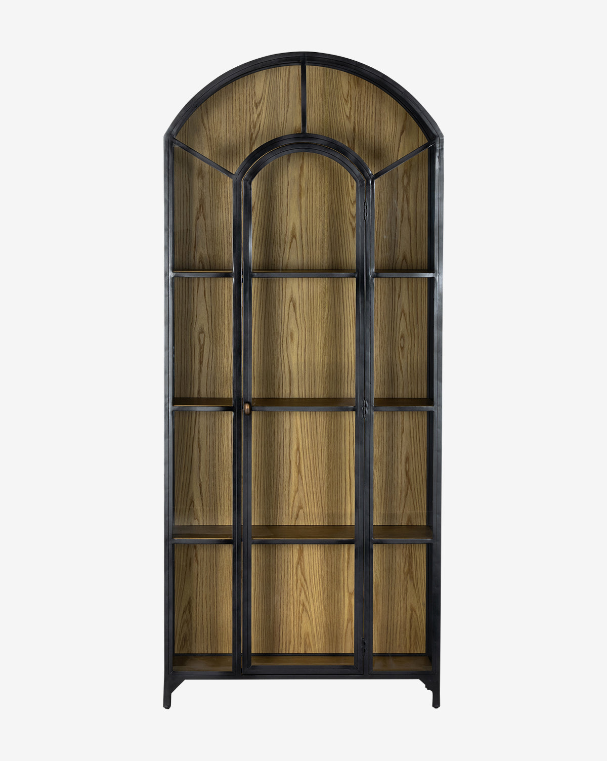 The Darcie Cabinet is a tall, arched black metal-framed cabinet with glass doors and five wooden shelves, ideal for displaying home decor. Shown here against a plain white background.