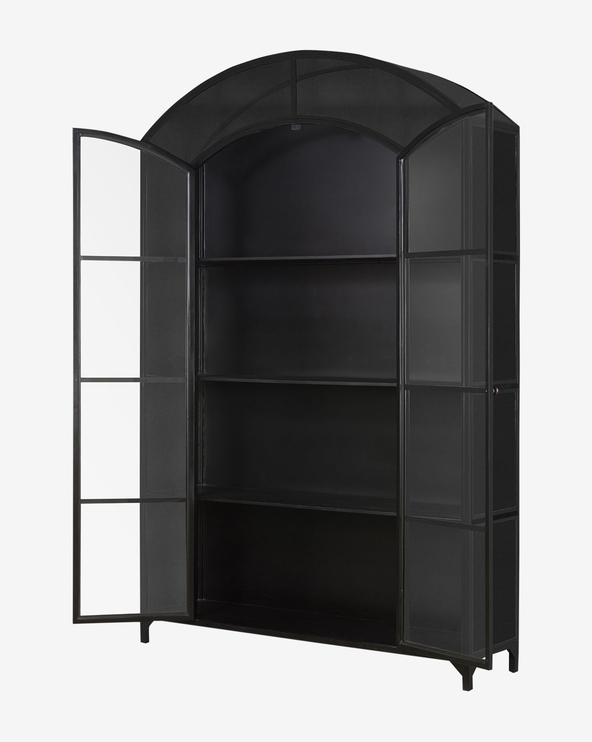 The Darcie Wide Cabinet features a tall black iron frame, arched top, glass double doors, and four empty shelves—an elegant modern storage piece, by McGee & Co.