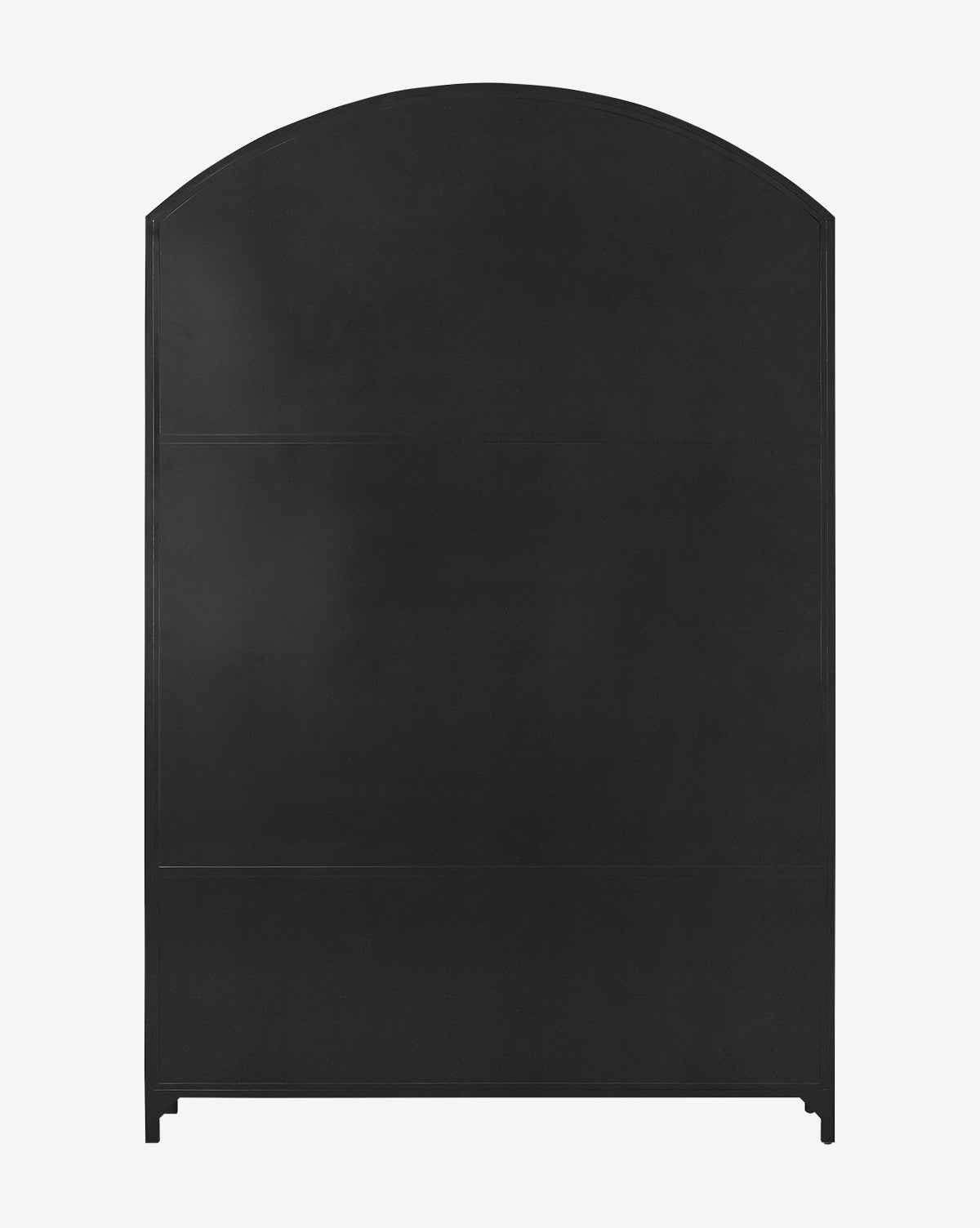 A black metal headboard with a smooth surface, rectangular base, and gently curved top, inspired by the sleek lines of the Darcie Wide Cabinet, set against a plain white background by McGee & Co.