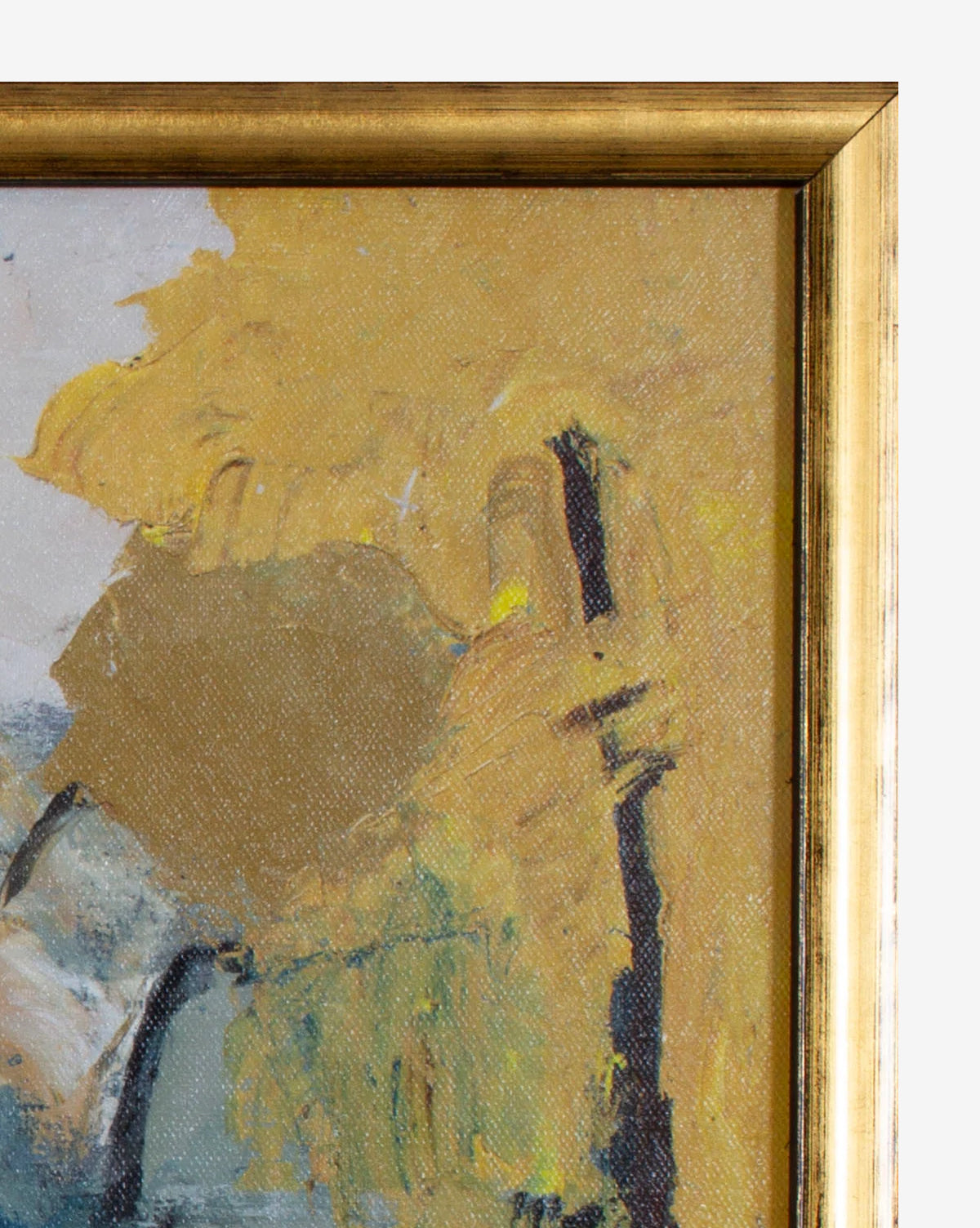 Close-up of the gallery-quality Dark Blue Abstract canvas, featuring bold yellow, gold, and black brushstrokes with hints of deep blue, partially revealing the gold wood frame against a white background.