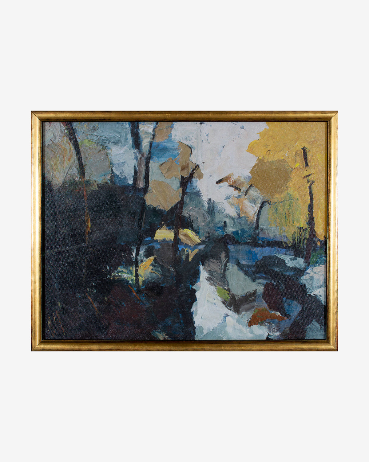 Dark Blue Abstract features dark and light brushstrokes suggesting a landscape with trees and pathways in blue, black, yellow, and beige on gallery-quality canvas, elegantly framed in a simple gold wood frame.
