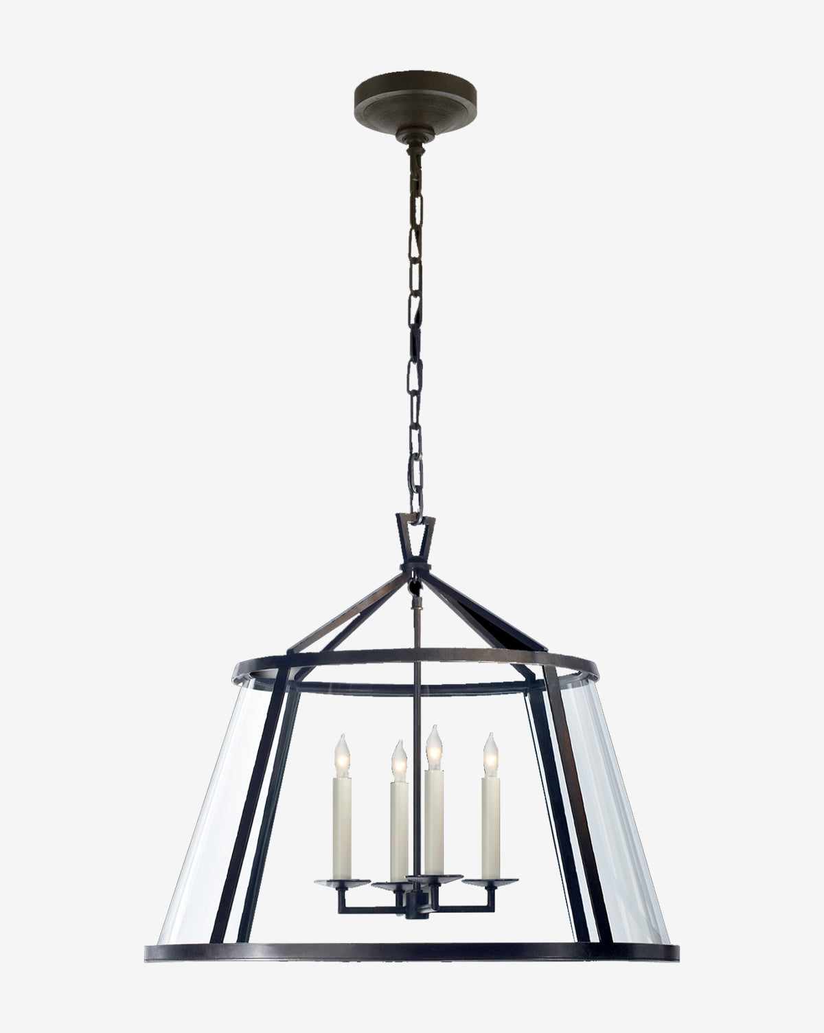 The Darlana 24 Pendant features a circular metal frame, clear glass panels, and four candle-style bulbs suspended from a chain—an elegant contemporary lantern inspired by the iconic Darlana design, by McGee & Co.