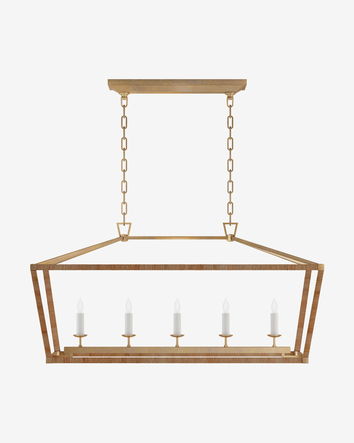 The Darlana Rattan Linear Lantern by Visual Comfort & Co. Signature is a rectangular chandelier with an open frame, suspended by two chains, and features five evenly spaced candle-style bulbs for a modern pendant look. McGee & Co.