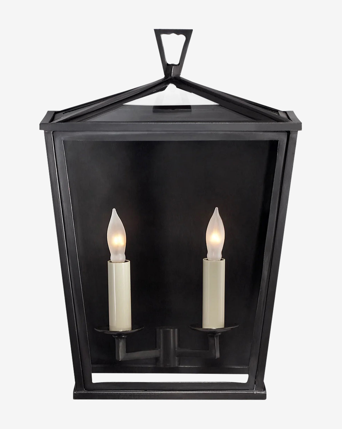 The Darlana Outdoor 3/4 Lantern by Visual Comfort & Co. Signature features a modern black metal, angular design with two candle-style bulbs, each with a flame-shaped tip and white base—ideal for stylish outdoor illumination. McGee & Co.