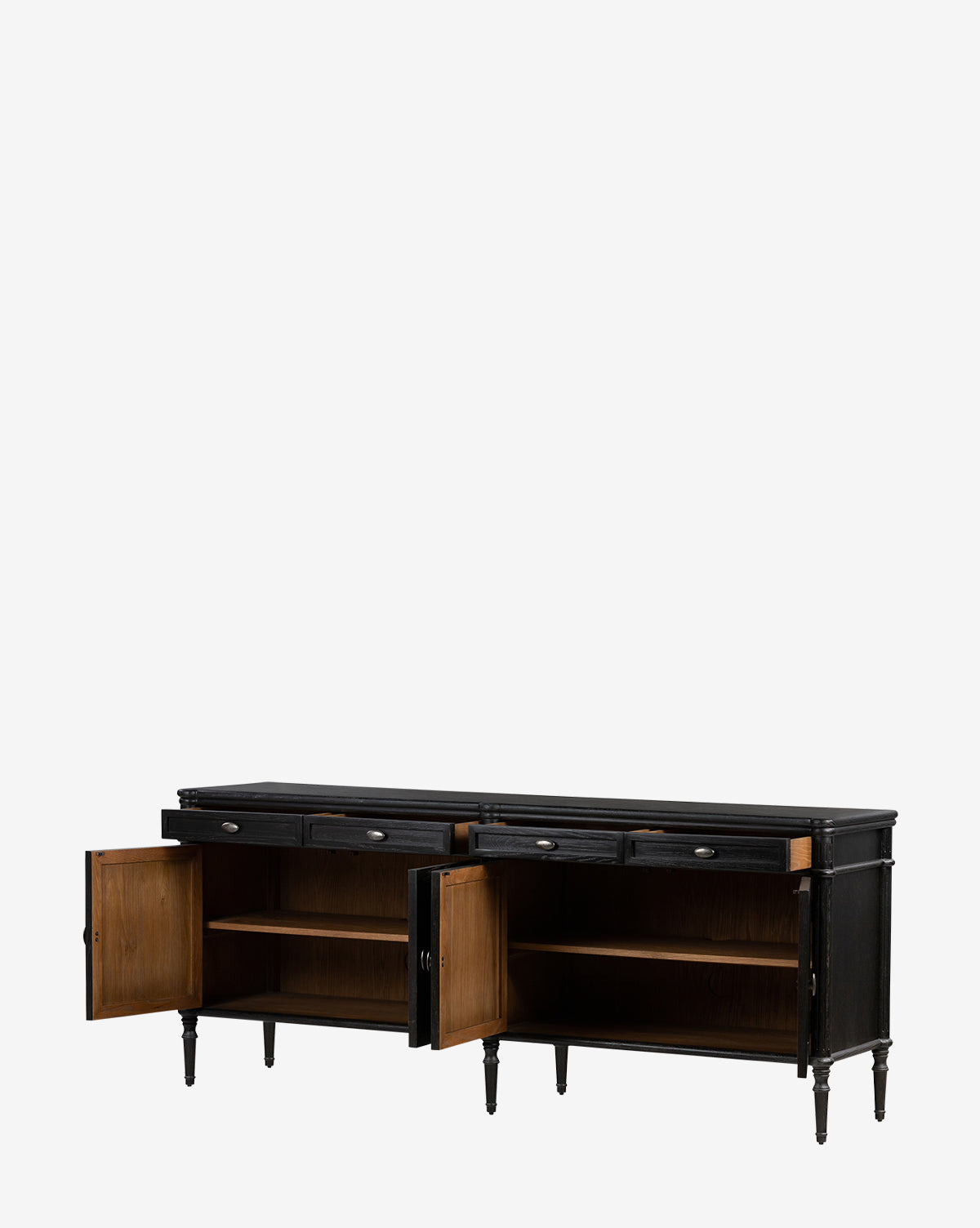 The Dixon Sideboard is a long black piece with four legs, two lower cabinets showing wooden shelves, and three upper drawers with aged brass hardware, set against a plain white background by McGee & Co.