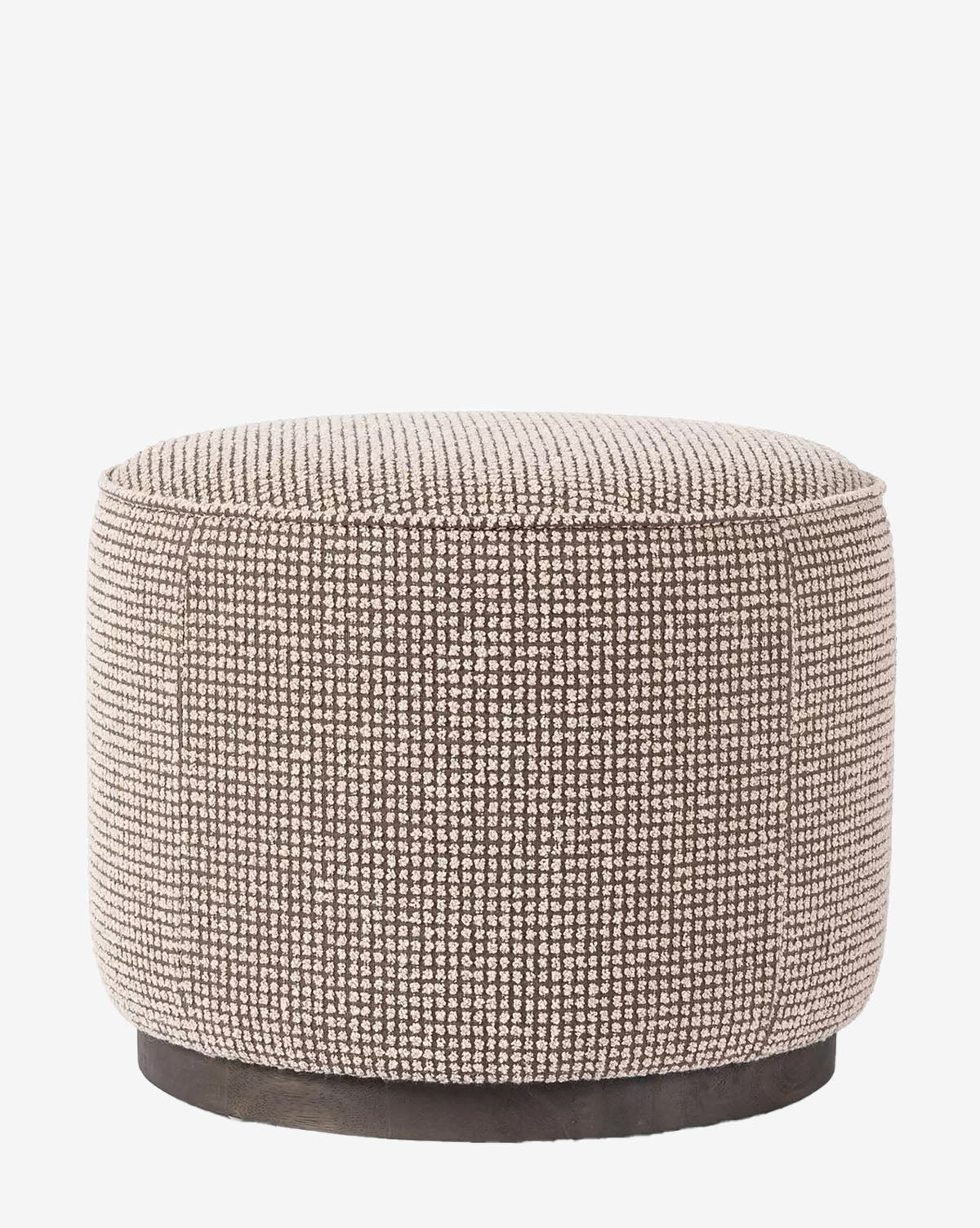 The Dawson Ottoman showcases a round, fabric cushion in textured light taupe atop a dark wood base, all highlighted against a white backdrop, by McGee & Co.