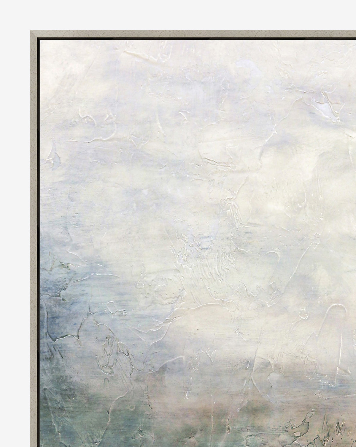 Daydream is an abstract painting featuring a textured surface in soft gray, white, and subtle blue-green tones. Resembling clouds or a misty sky, this dreamlike art comes framed with a slim border.