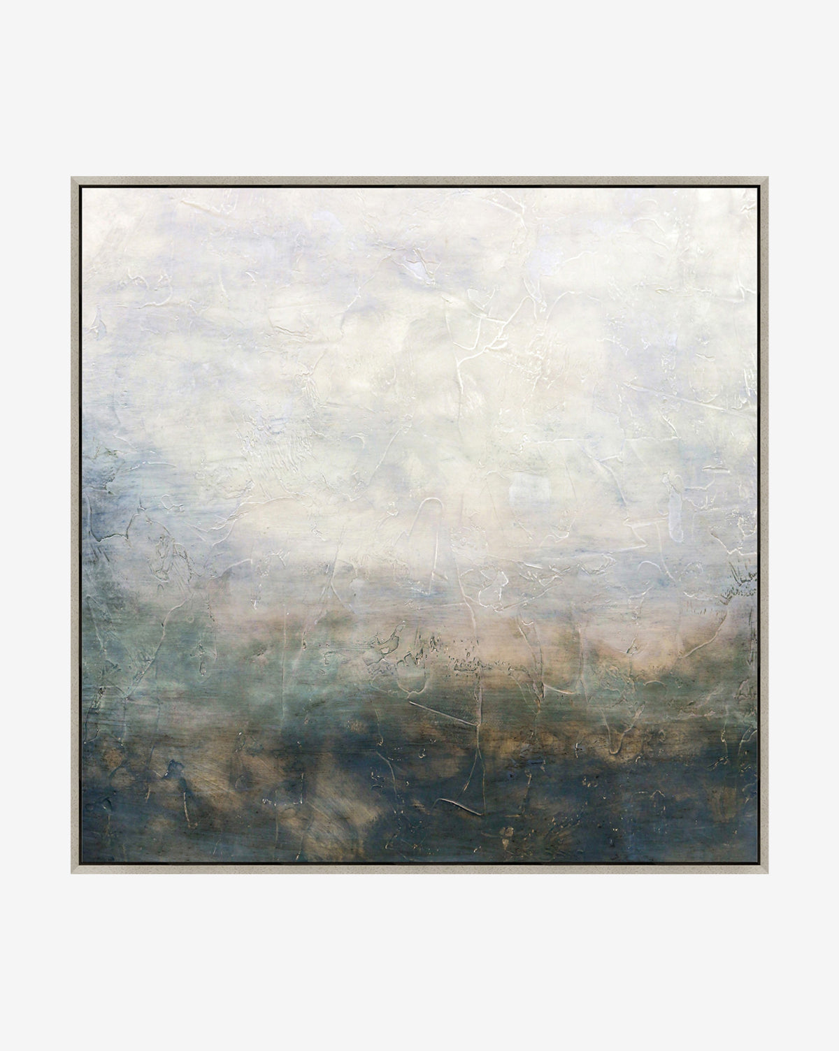 Daydream is a framed abstract painting with a textured surface, showcasing soft, blended white, gray, blue, and brown tones that evoke a dreamlike, misty landscape.