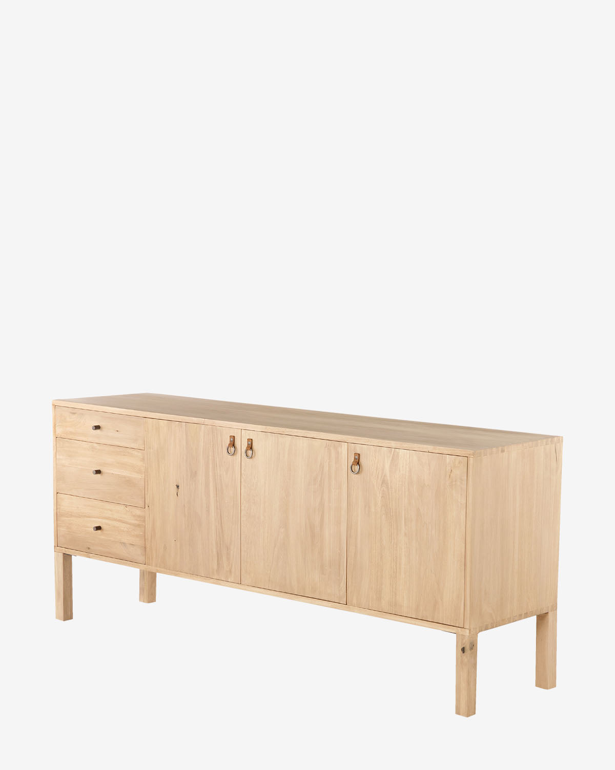 The Daylin Sideboard, inspired by shaker design, features poplar construction with three left drawers and two right cabinet doors accented by metal pull handles. It stands on four straight legs against a white background, by McGee & Co.