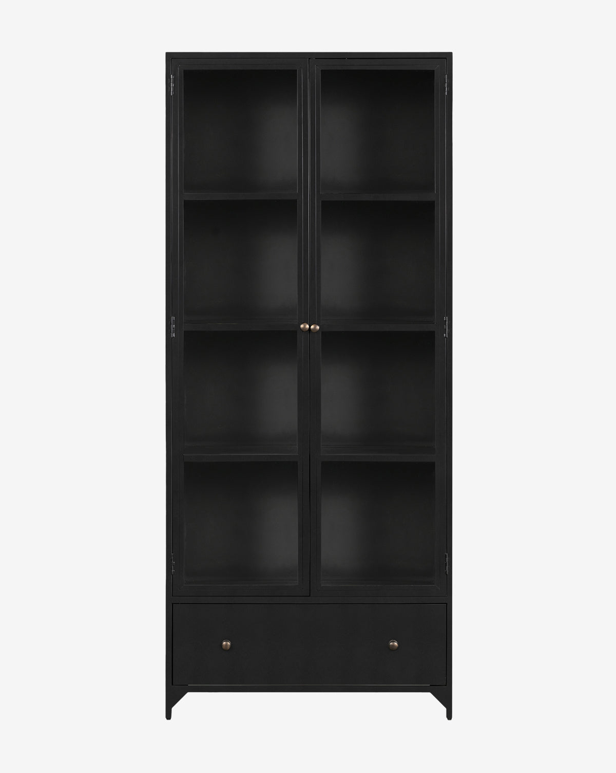 The Deano Cabinet is a tall black hutch featuring glass double doors, four interior shelves, a pull-out drawer at the base, and sleek brass hardware, all set against a plain white background by McGee & Co.
