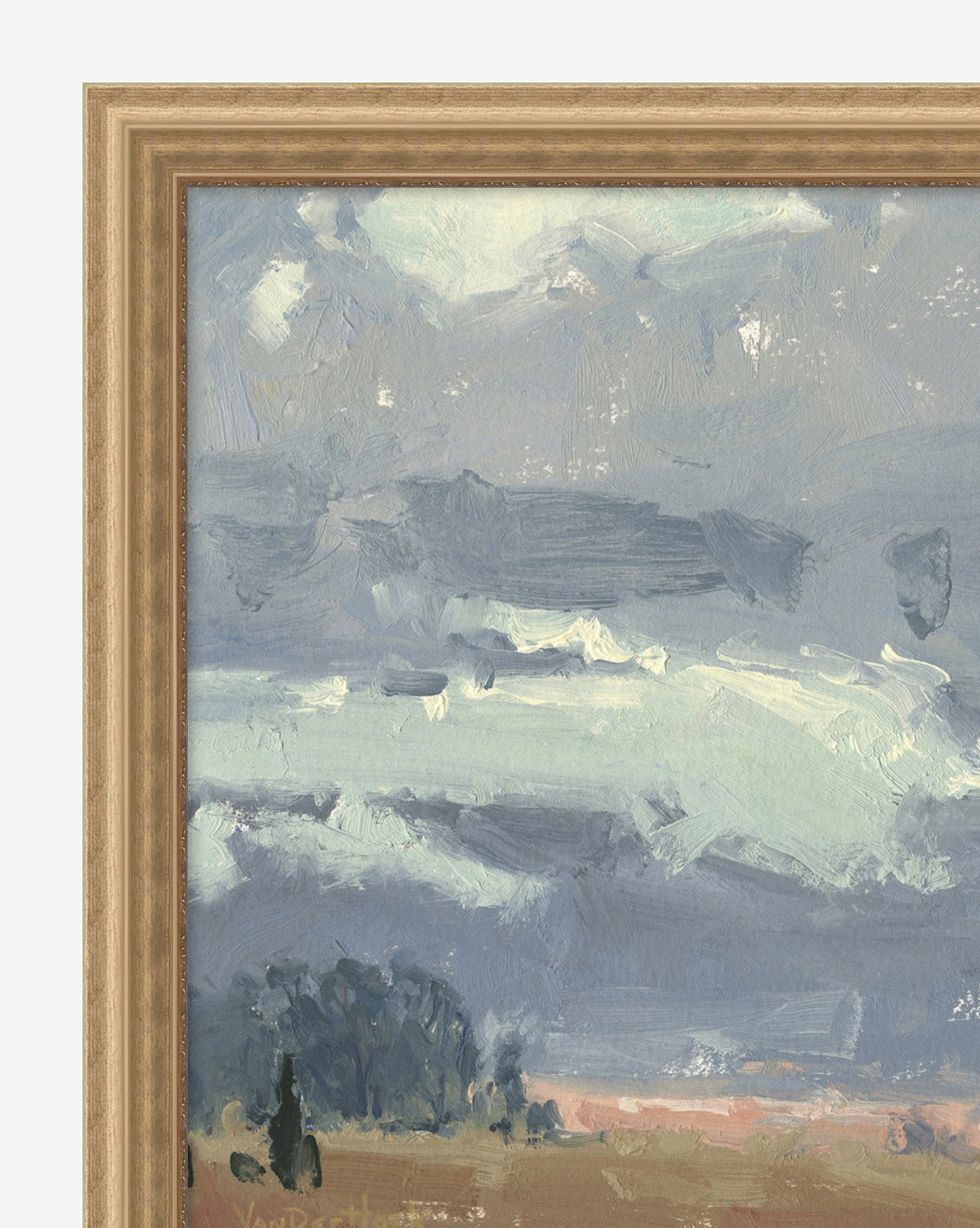 A close-up of the framed Winter Sky painting shows an impressionistic, cloudy winter sky in bold blue and gray brushstrokes above a distant tree line and muted fields.