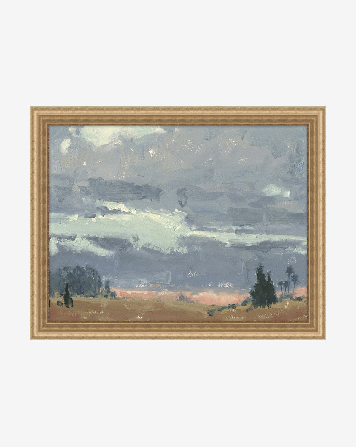 Winter Sky, a framed impressionist landscape painting, depicts a tranquil winter sky over an open field with scattered trees in soft blue, gray, and earth tones.