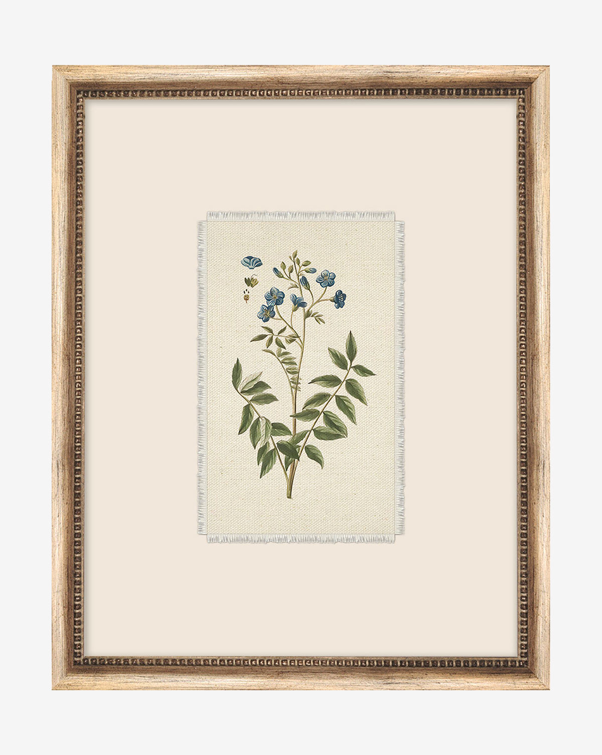 The Delicate Floral I is a giclee print featuring a framed botanical illustration of green leaves, blue flowers, and a bee on a beige background with a silver wood frame—an elegant floral accent for any space.
