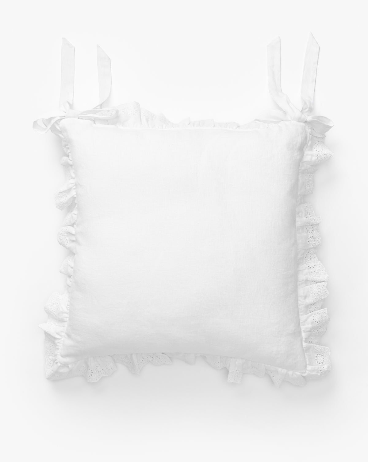Certainly! Here’s your original description with the exact string McGee & Co. blended seamlessly at the end: The McGee & Co. x Loeffler Randall Delilah Broderie Trim Seat Cushion is a square white linen cushion with ruffled broderie trim and two tied fabric straps on each top corner, shown on a plain white background, McGee & Co.