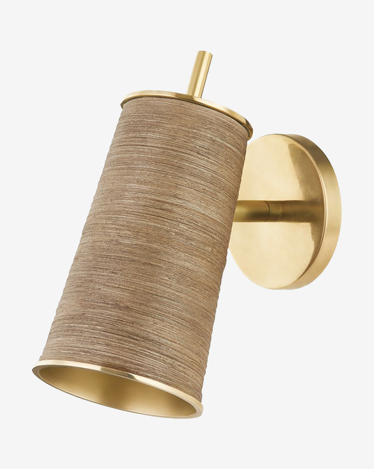 The Delran Sconce by Hudson Valley Lighting is a wall-mounted fixture with a cylindrical natural rattan shade, simple modern design, and aged brass accents by McGee & Co.