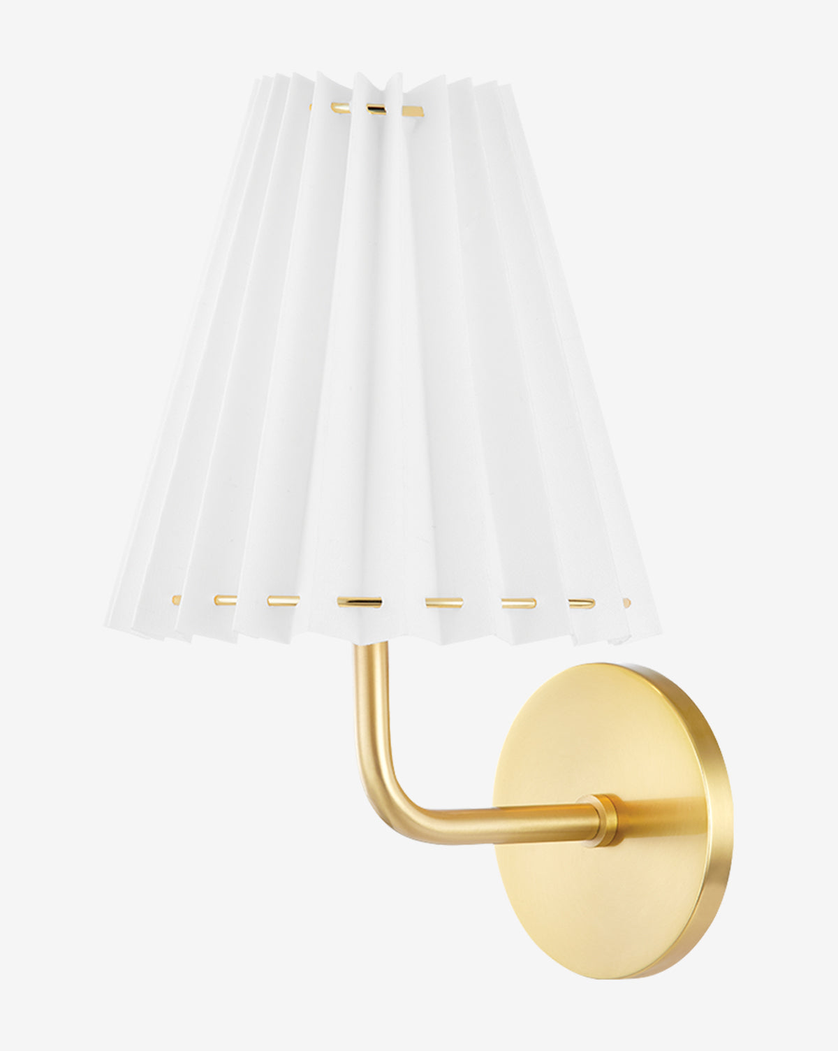 The Demi Wall Sconce by Hudson Valley Lighting showcases a round gold base, curved gold arm, and white linen shade for a blend of classic elegance and modern style by McGee & Co.