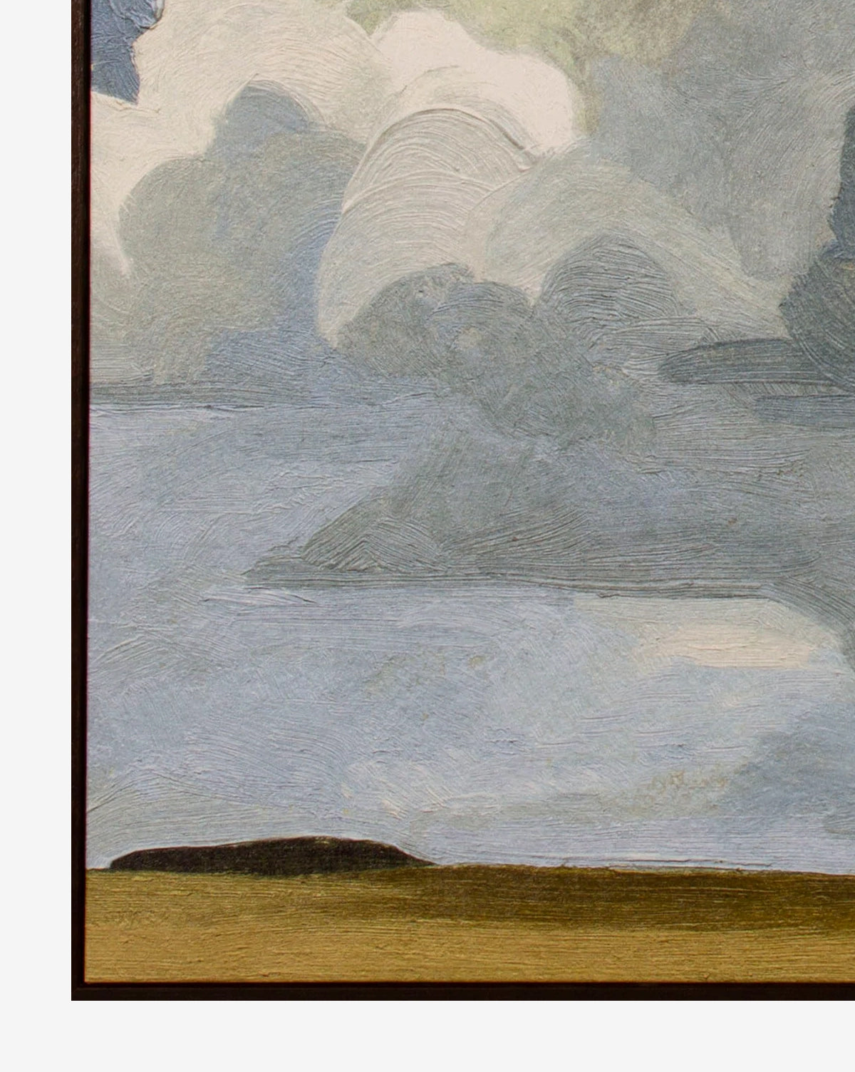 Dense Cumulus I is a minimalistic abstract painting depicting vast gray, blue, and white clouds above a slim stretch of brown and yellow land—neutral colors that make it ideal for landscape-inspired decor.