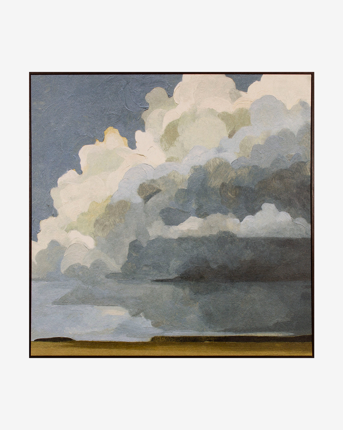 Dense Cumulus I showcases immense clouds in white, gray, and blue, filling the sky above a flat grassy landscape—a serene artwork ideal for landscape decor with its soothing neutral tones and tranquil horizon.
