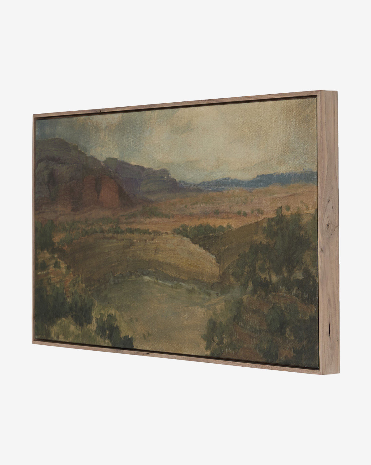 Desert Hues II by Aileen Fitzgerald is a framed art print featuring rolling hills, distant mountains, and scattered trees in earthy greens and blues, printed on fine art paper and viewed against a white background, by McGee & Co.