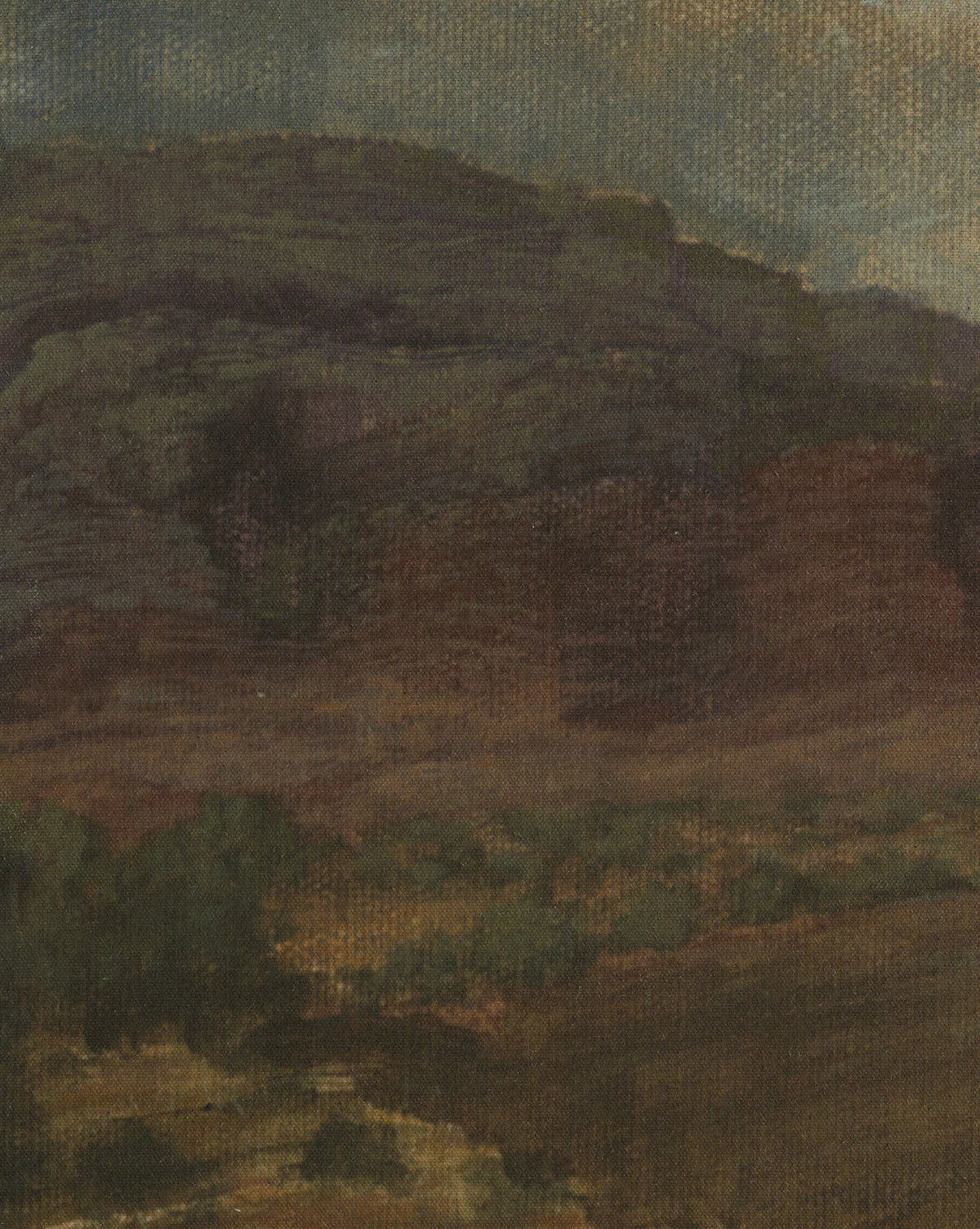 Desert Hues II by Aileen Fitzgerald showcases a rocky brown hillside with green patches beneath a cloudy sky, visible canvas texture, and an earthy, muted palette in this framed art piece, by McGee & Co.