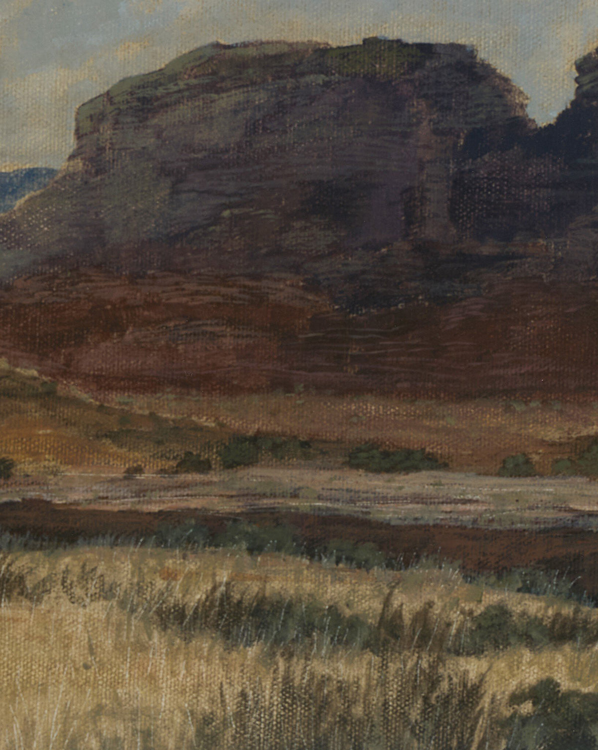 Desert Hues I by Aileen Fitzgerald is a landscape painting featuring a flat-topped mesa in brown and green, grassy plains, and shrubs under a partly cloudy sky. Printed on fine art paper; available framed in white oak, by McGee & Co.