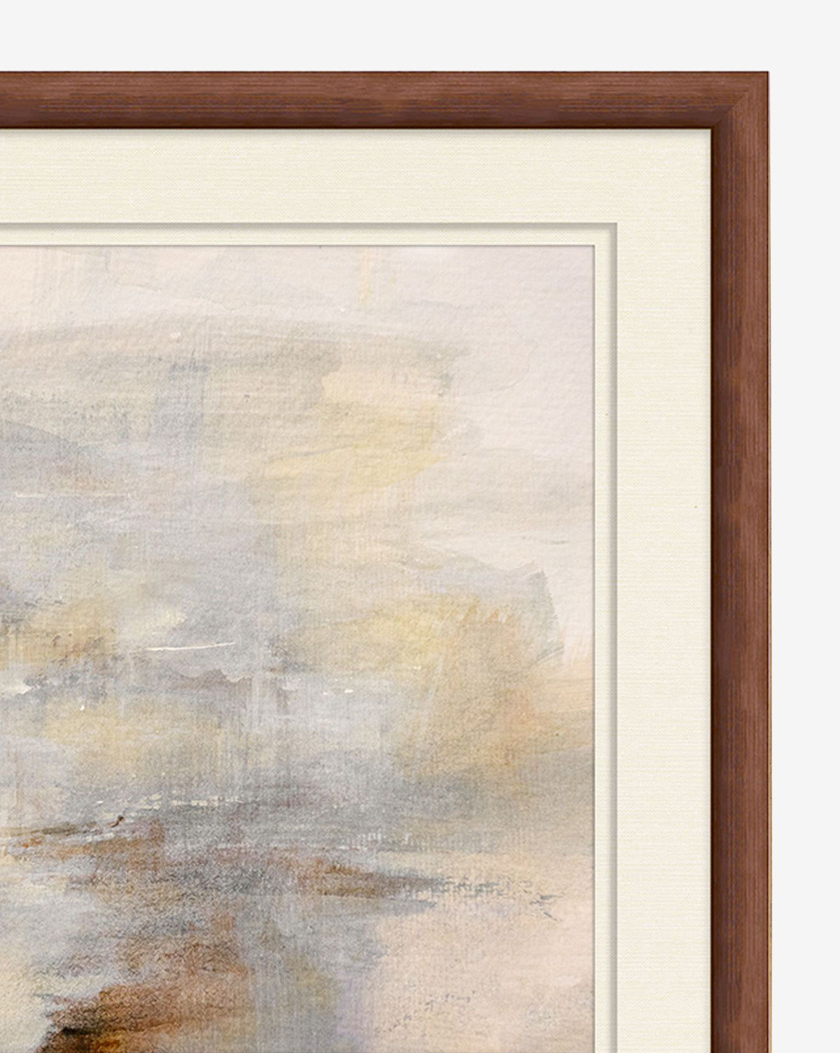 A close-up of Desert Whispers 2 by Hope Bainbridge shows a framed abstract watercolor in soft beige, gray, and brown. The wood frame and white mat border complement the artworks blurred, textured brushstrokes by McGee & Co.