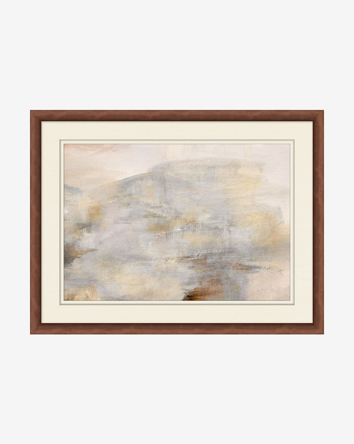 Desert Whispers 2 by Hope Bainbridge features abstract wall art in soft beige, gray, and light brown, set in a bronze frame with a cream mat. Gentle brushstrokes create a calming, misty landscape effect against a white background, by McGee & Co.