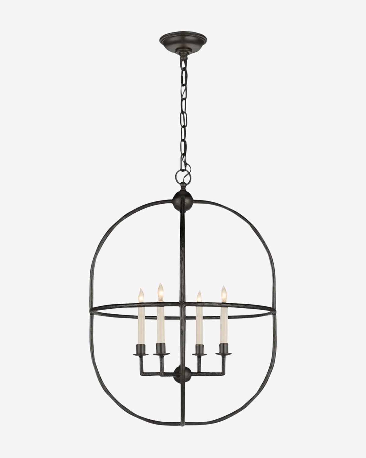 The Desmond Open Oval Lantern is a black metal candelabra chandelier with an open oval frame and four candle-style lights in a square layout—ideal for making a statement in any room by McGee & Co.