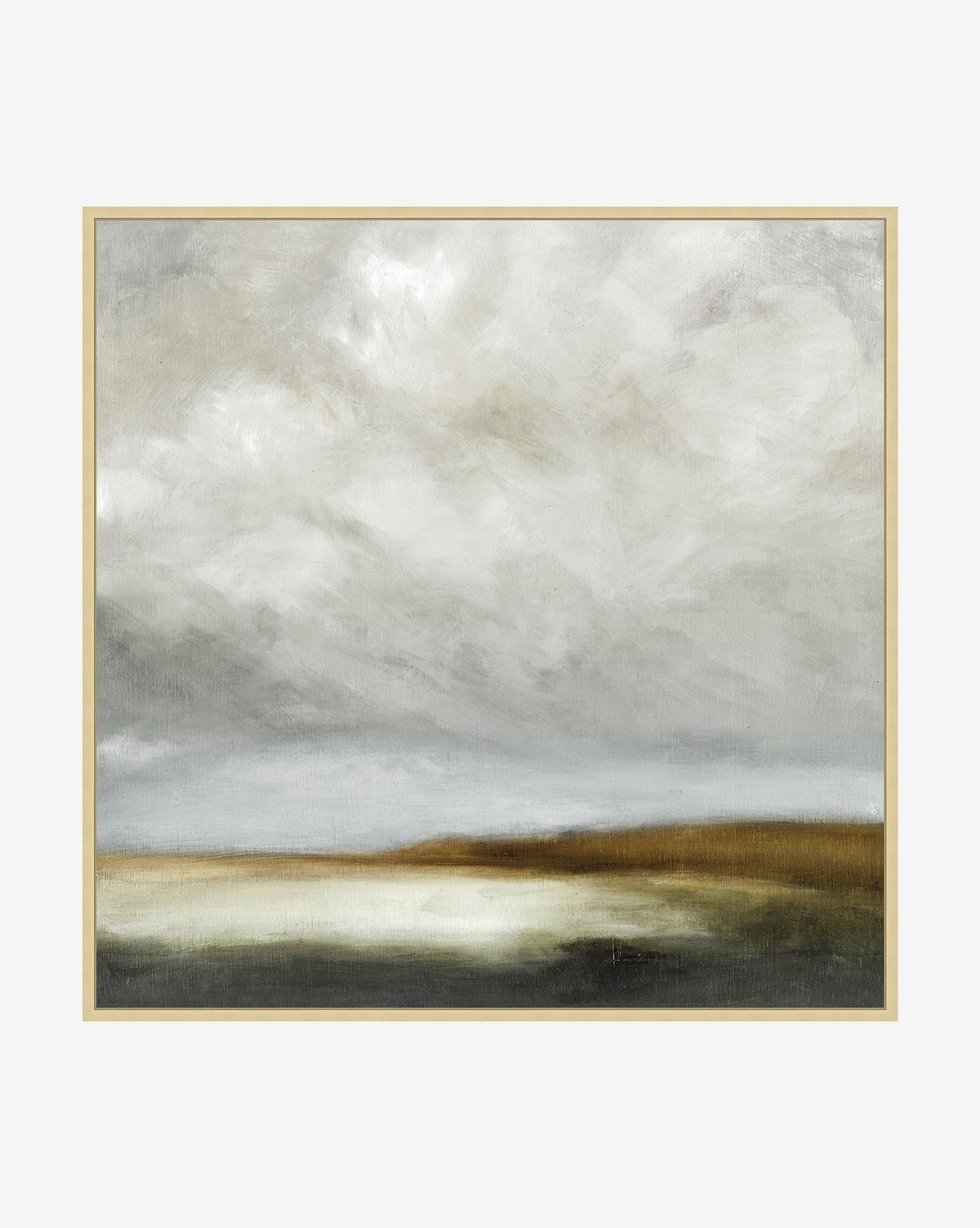 Desolate Meadow: A giclee on canvas showcasing a tranquil landscape with an overcast sky and calm horizon, depicted in soft, neutral tones.