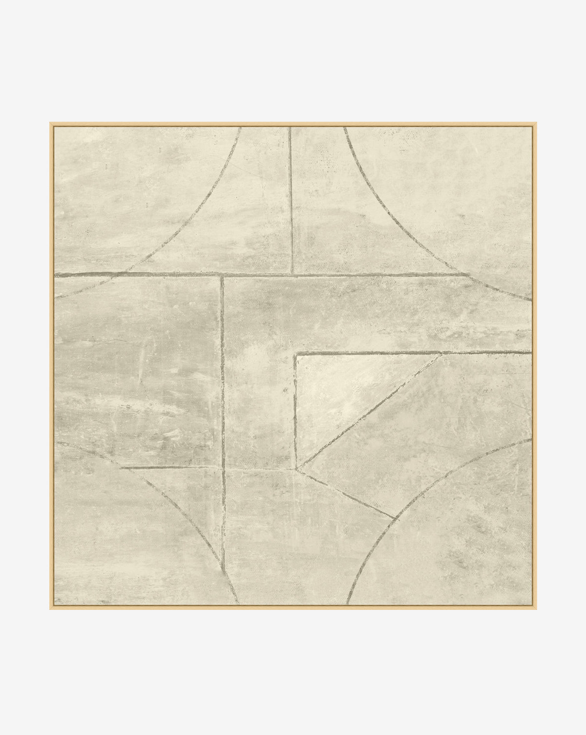 Diamond Diversion by Stephen Cimini is an abstract art print with geometric shapes and lines in soft beige and gray tones, masterfully composed and framed with a thin gold border on a white background, by McGee & Co.
