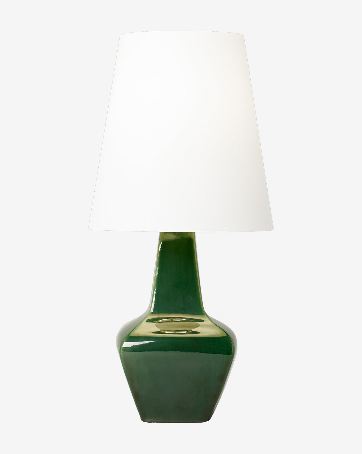 The Diogo Table Lamp by Visual Comfort Studio - Generation Lighting features a glossy dark green ceramic base with a large white tapered shade, offering a contemporary accent to any space. McGee & Co.