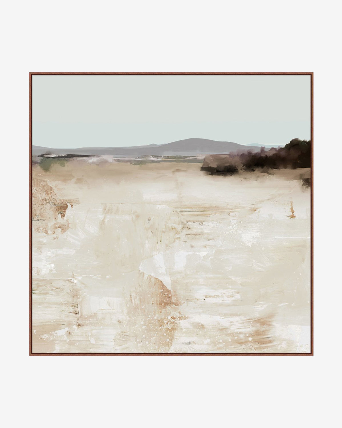 Distant Waters is a minimalist painting featuring soft beige and cream desert tones, muted green hills, and a pale blue sky, framed with a thin brown border—an ideal serene wall decor or relaxing artwork for any space.