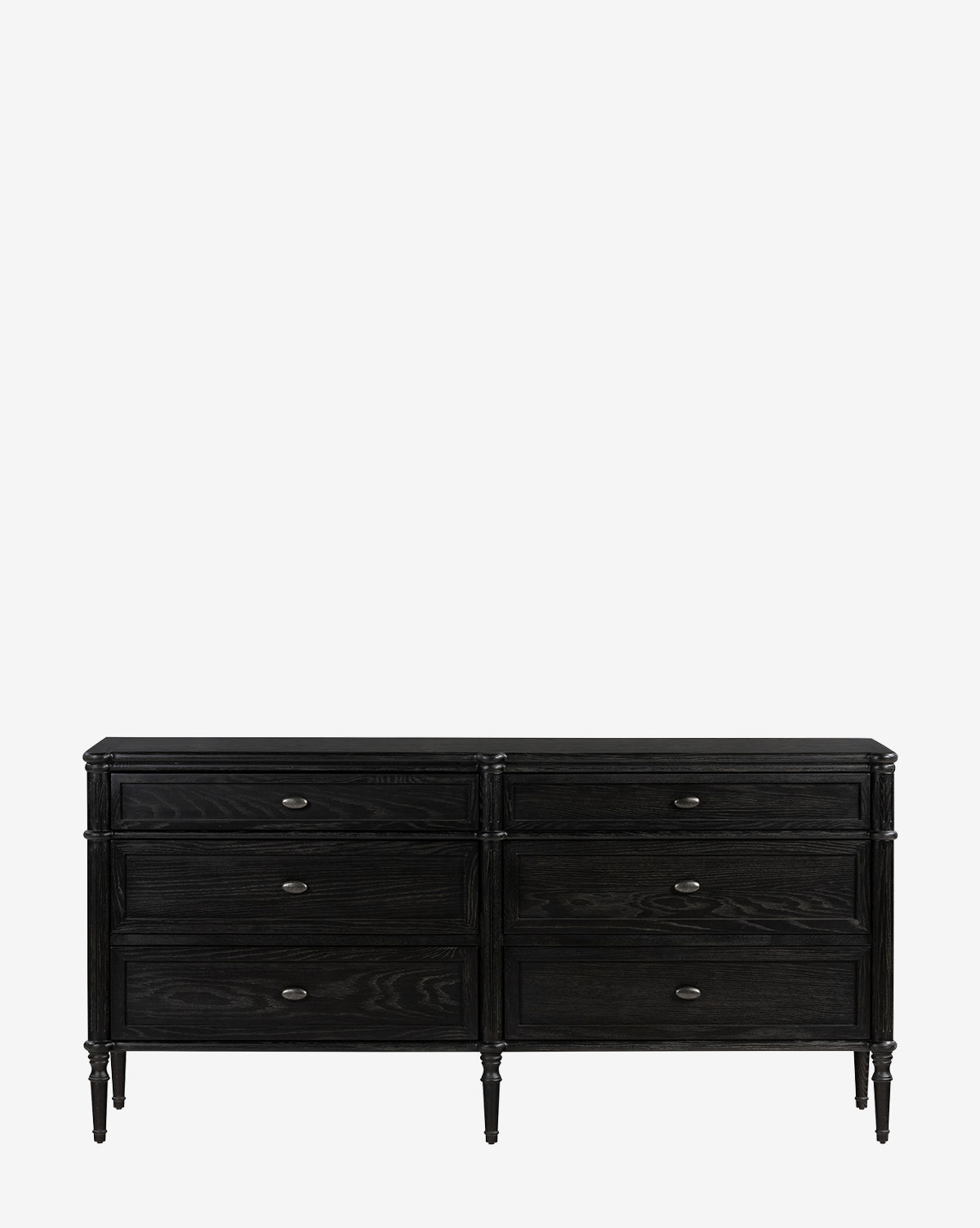 The Dixon 6-Drawer Dresser features a black wooden design with six drawers in two columns, each fitted with a round metal knob. Four slender, turned legs complete this elegant bedroom furniture piece, by McGee & Co.